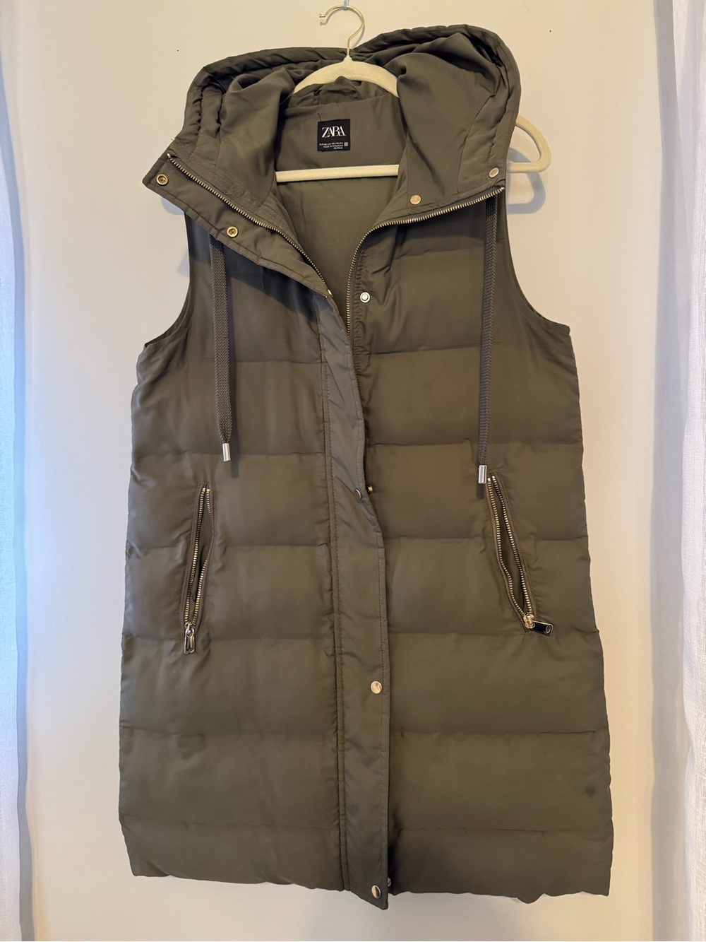 ZARA Olive Green Long Hooded Puffer Vest – XS
